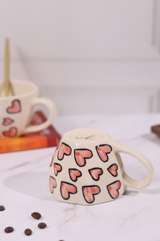 Pink heart coffee mug handmade ceramic 