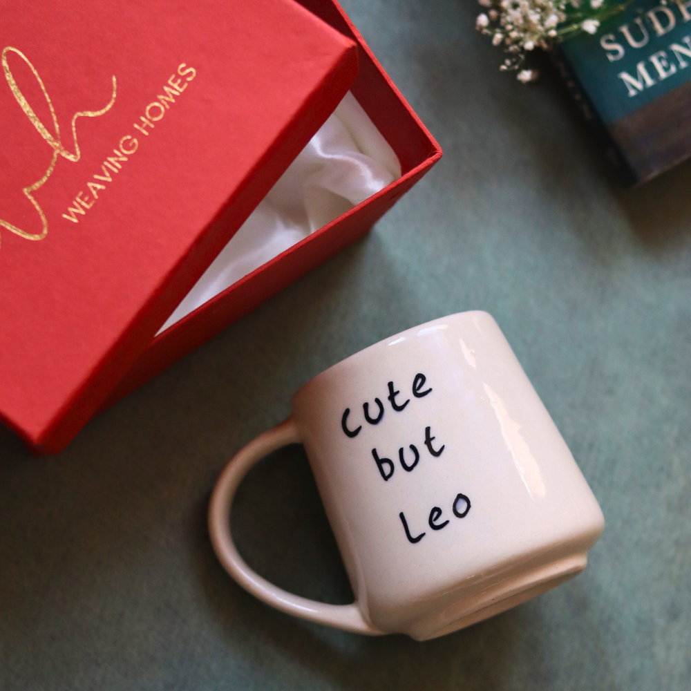 cute but leo mug in a gift box handmade in india