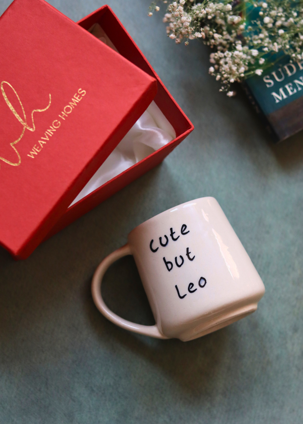 cute but leo mug in a gift box handmade in india
