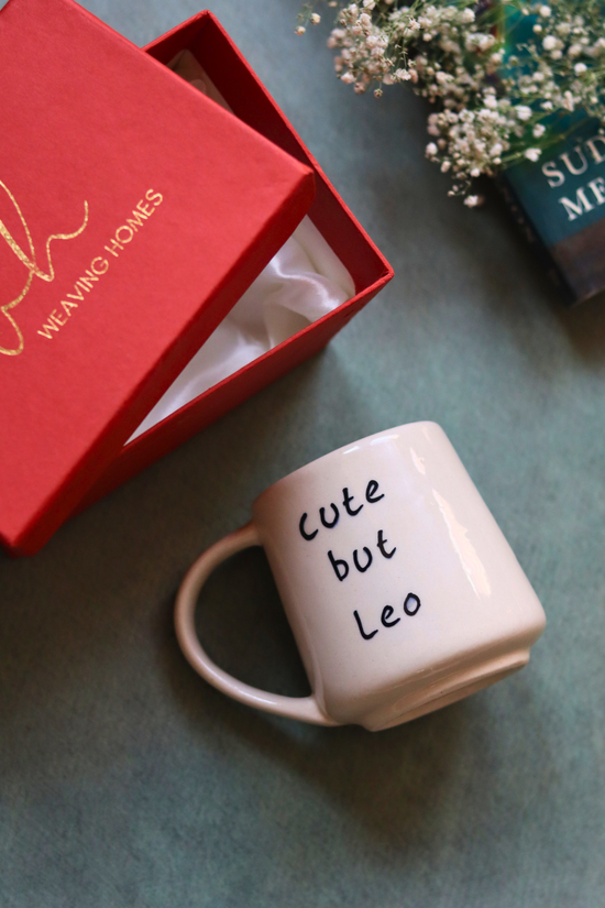 cute but leo mug in a gift box handmade in india