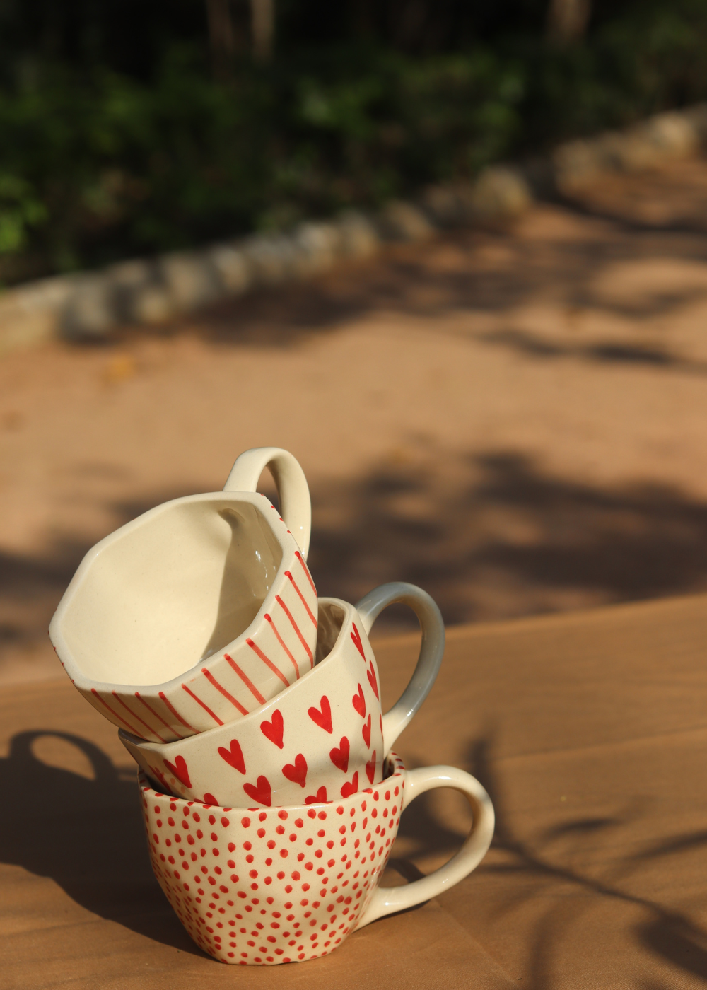 handmade Red Polka, Lined and Heart Mug - Set of three