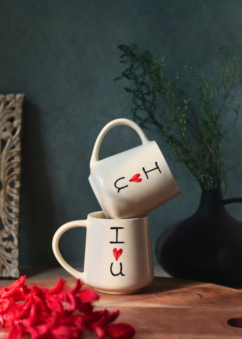 Two handmade ceramic i heart you mugs 