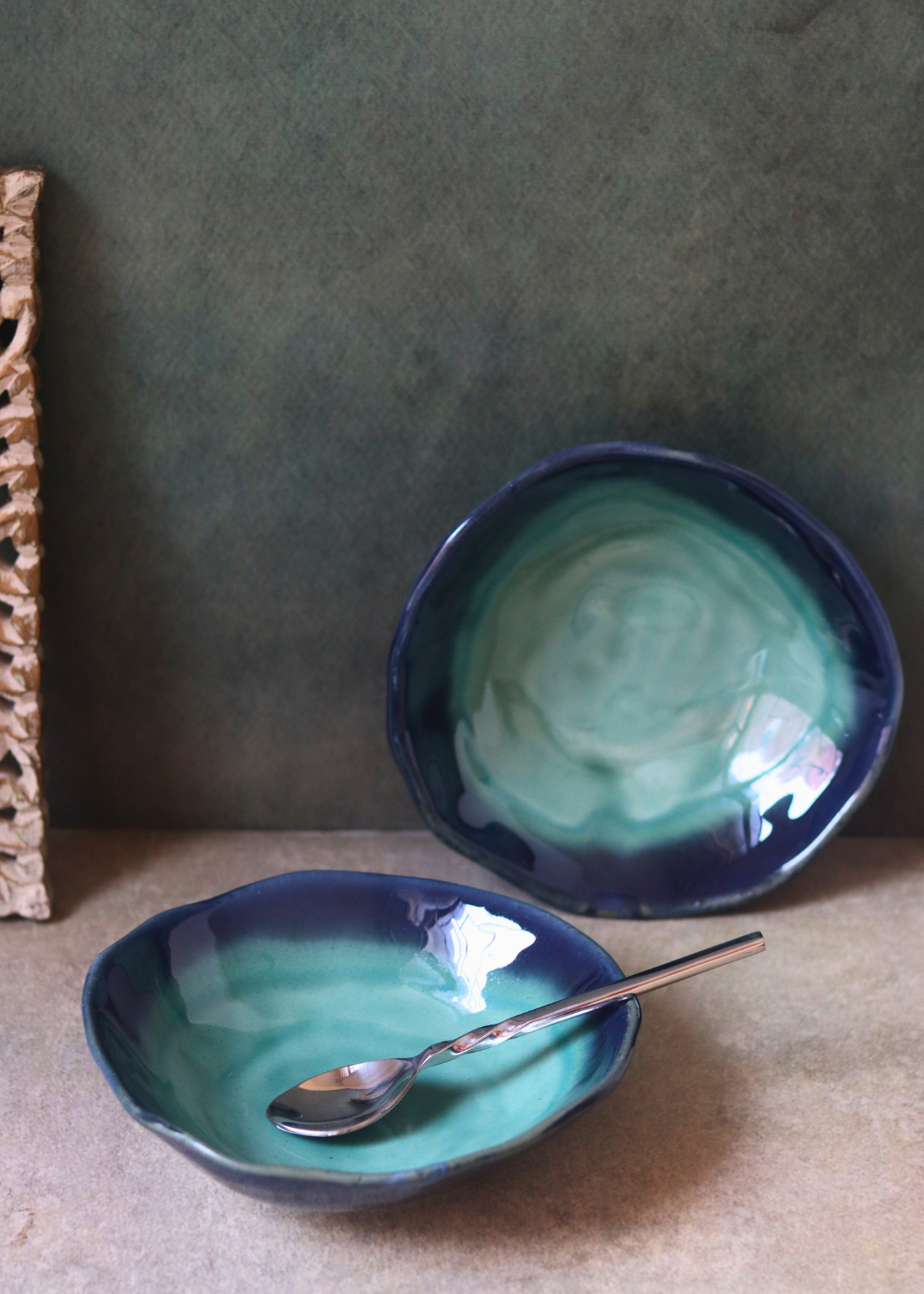 Handmade bowls teal color with spoon