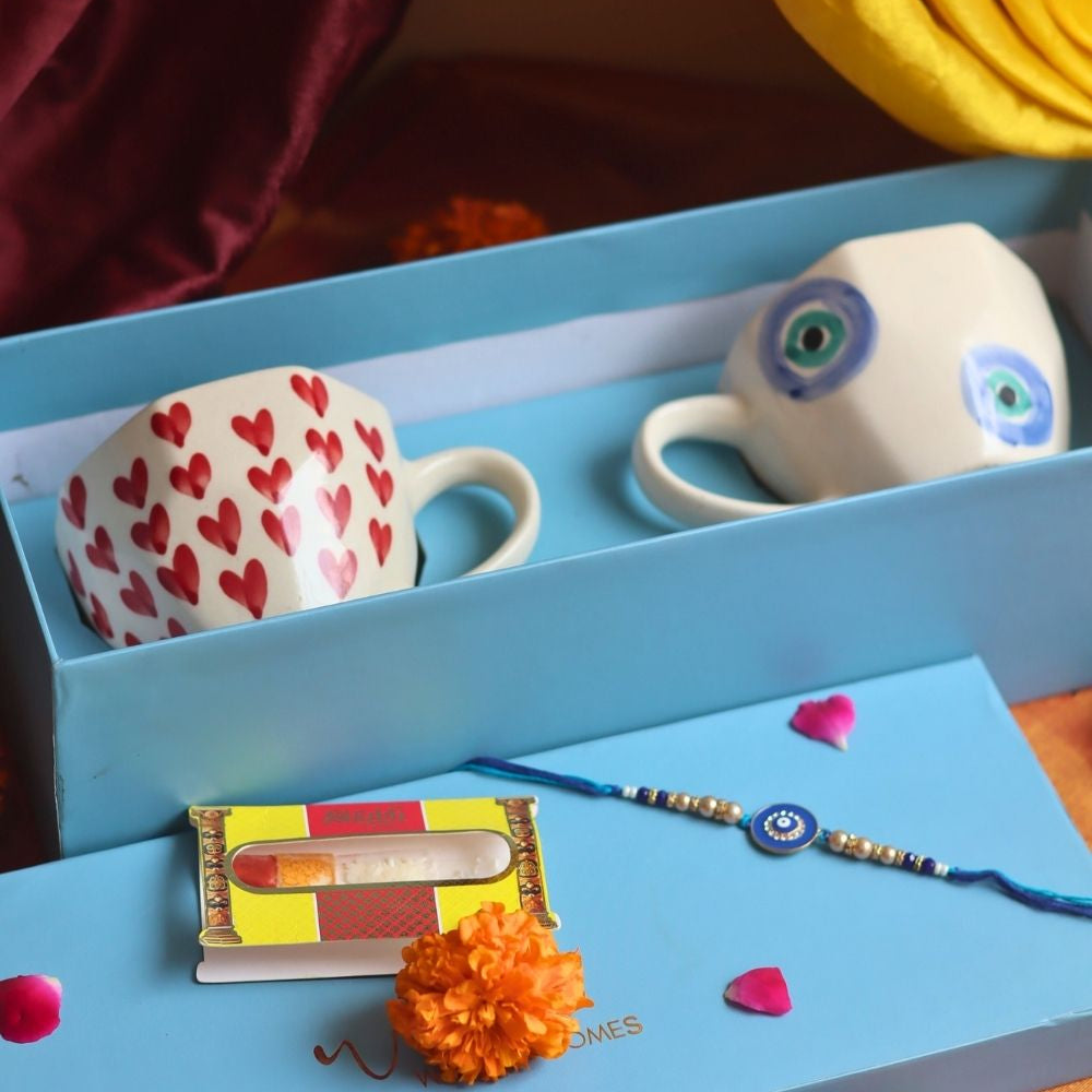 handmade Heart & Evil Eye Mug Set Rakhi Gift Box