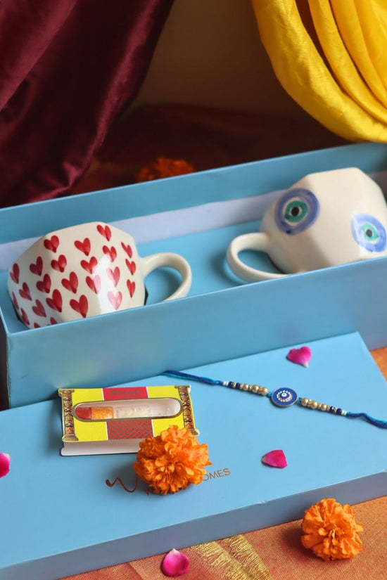 handmade Heart & Evil Eye Mug Set Rakhi Gift Box
