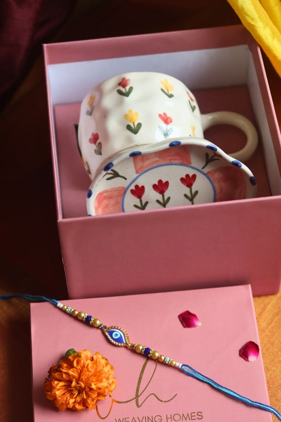 Tulip Floral Mug & Peony handmade Dessert Plate Rakhi Gift Box handmade in India