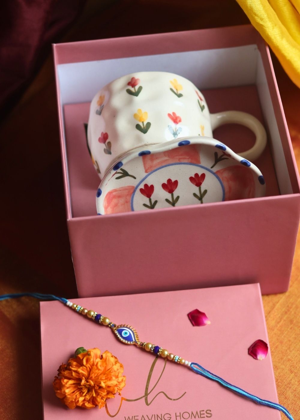 Tulip Floral Mug & Peony handmade Dessert Plate Rakhi Gift Box handmade in India