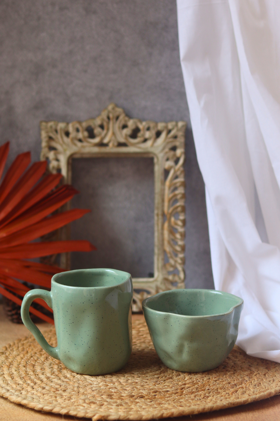 Sage Green Wavy Mug & Bowl