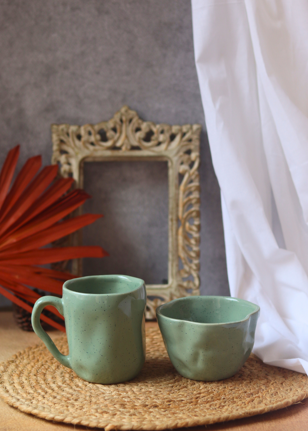 Sage Green Wavy Mug & Bowl