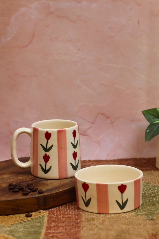 Set of 2 - Tulip Striped Mug & Pastel tulip bowl Combo handmade in India
