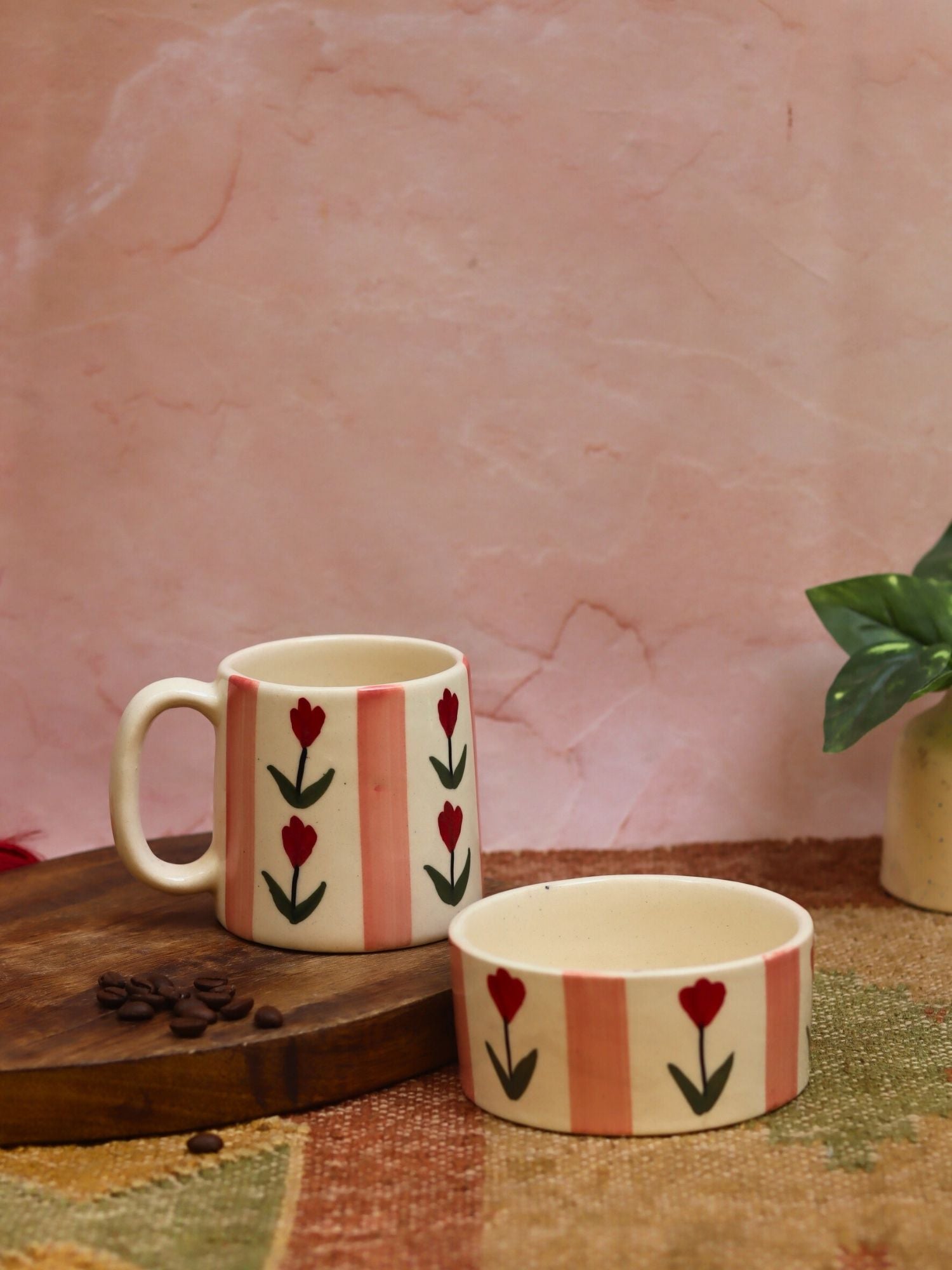 Set of 2 - Tulip Striped Mug & Pastel tulip bowl Combo handmade in India