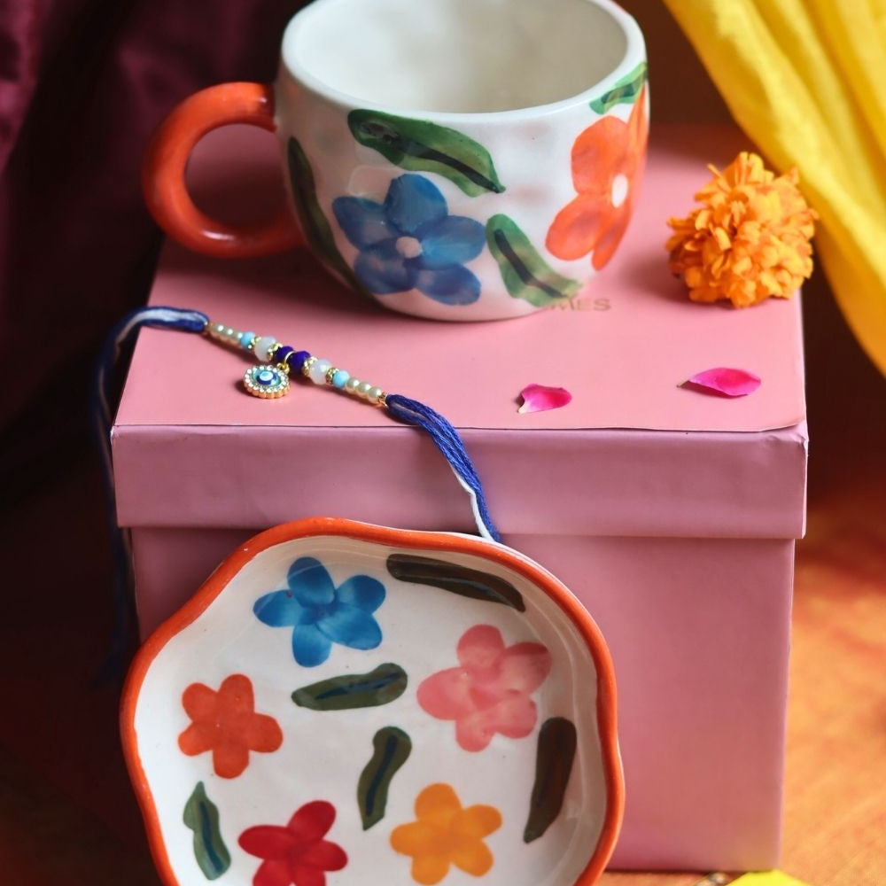 Handmade Brightday Mug & Brightday handmade Dessert Plate Rakhi Gift Box