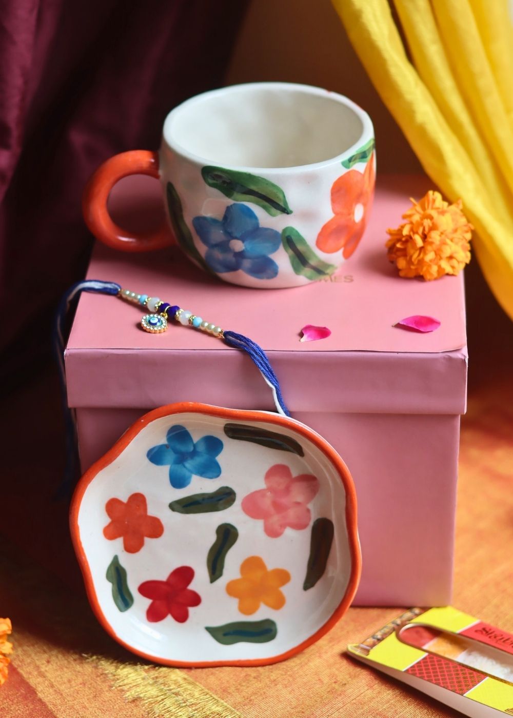 Handmade Brightday Mug & Brightday handmade Dessert Plate Rakhi Gift Box