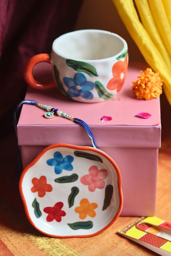 Handmade Brightday Mug & Brightday handmade Dessert Plate Rakhi Gift Box
