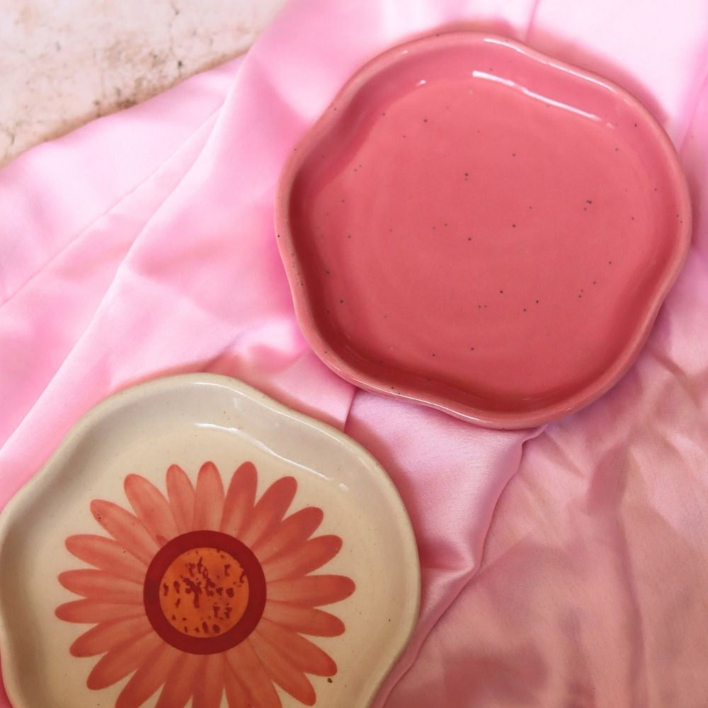 Handmade Salmon Pink & Flower Handmade Dessert Plate