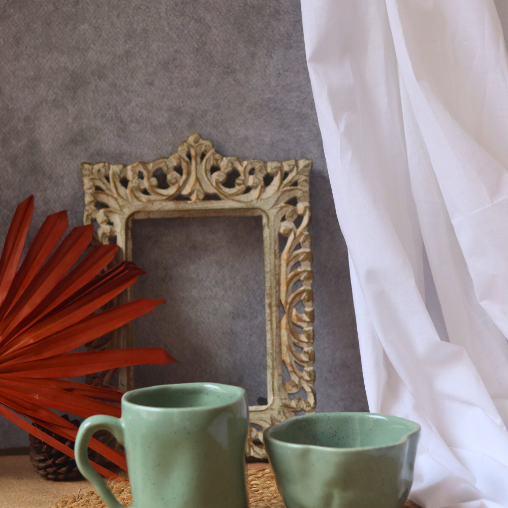 Handmade ceramic sage green wavy mug & bowl