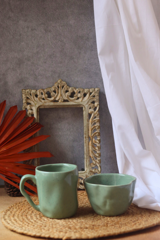 Handmade ceramic sage green wavy mug & bowl