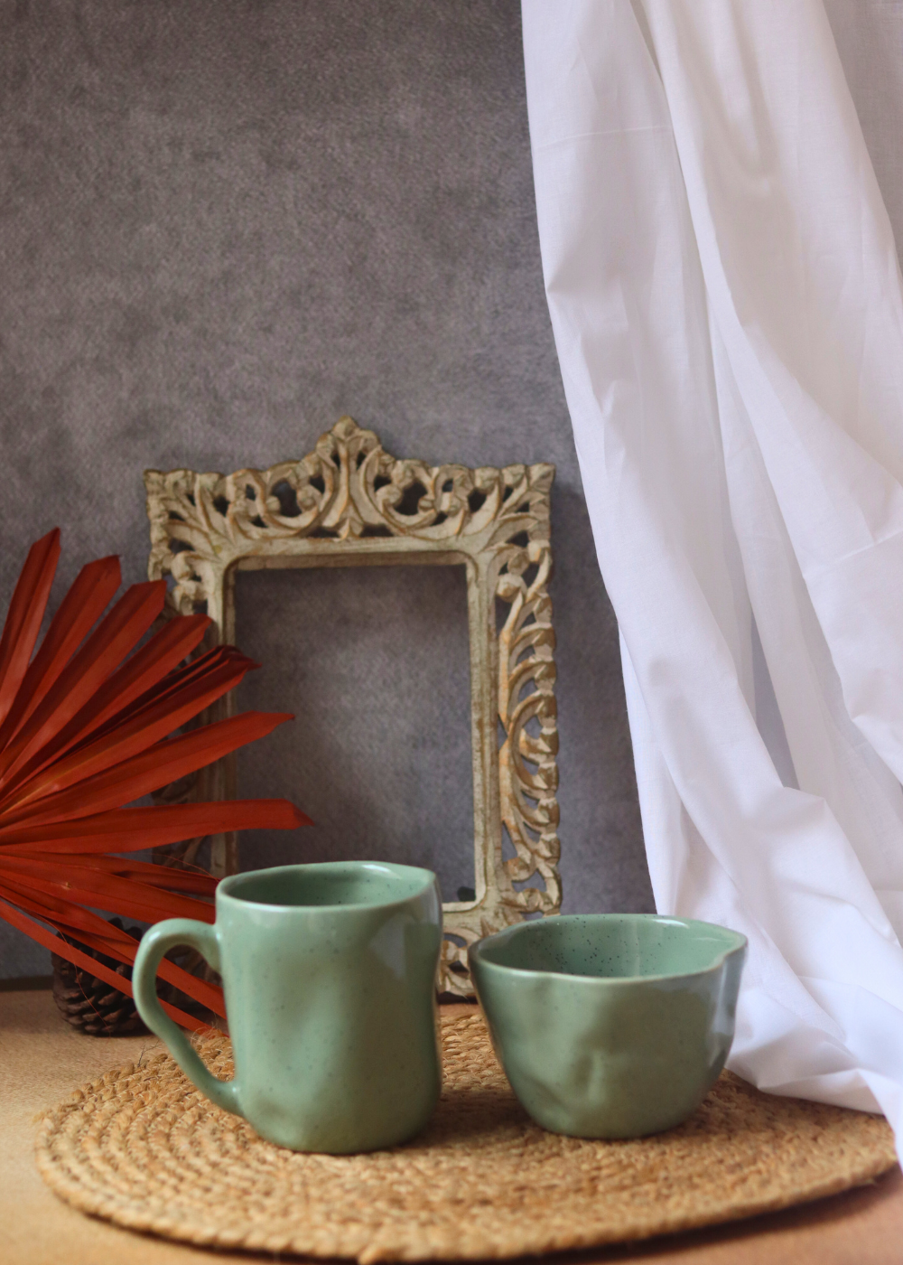 Handmade ceramic sage green wavy mug & bowl