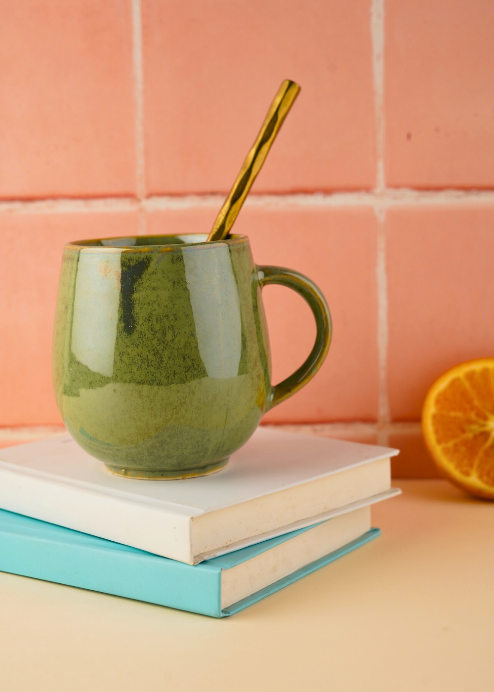 handmade pistachio stoneware coffee mug with green color