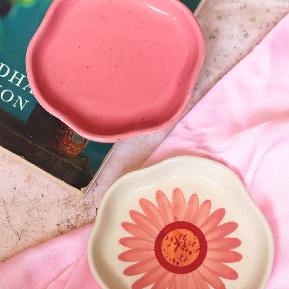 Salmon Pink & Flower Handmade Dessert Plate made by ceramic