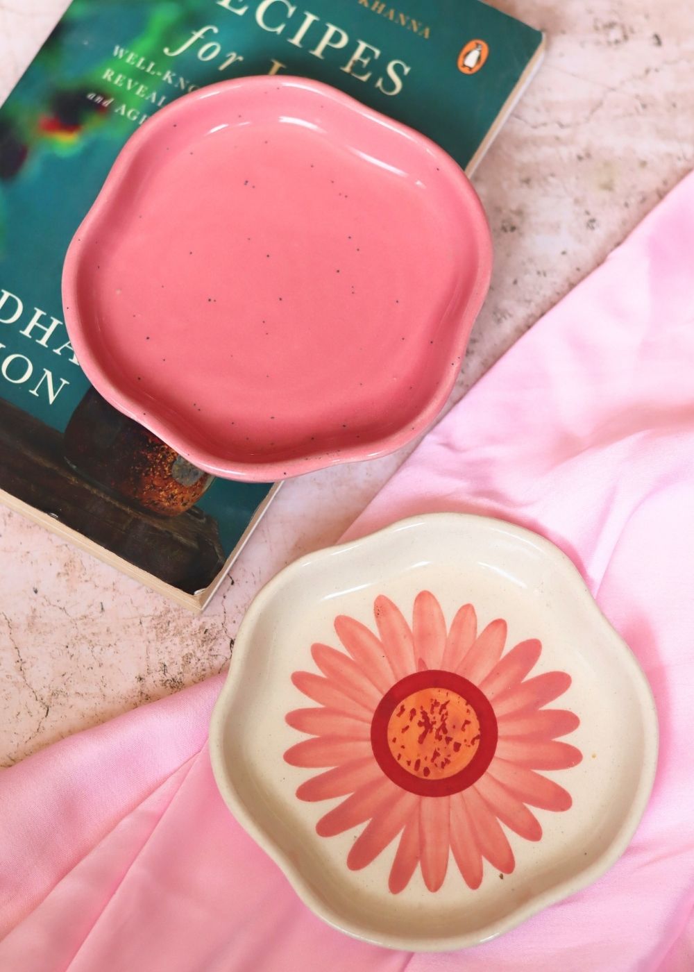 Salmon Pink & Flower Handmade Dessert Plate made by ceramic