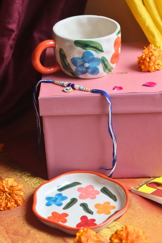 Brightday Mug & Brightday handmade Dessert Plate Rakhi Gift Box made by ceramic