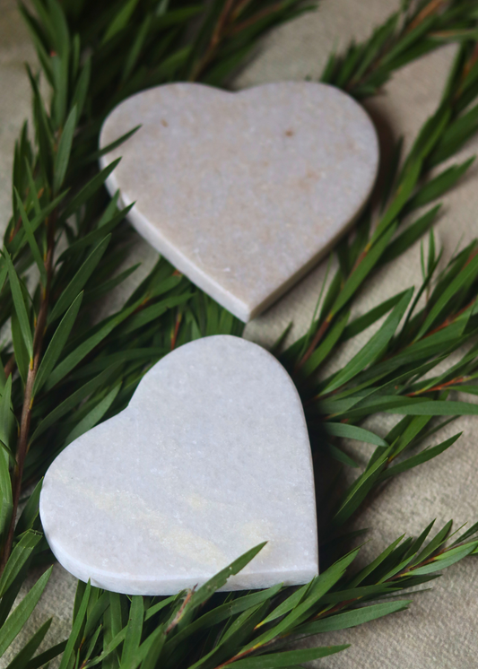 White marble heart coasters on plant