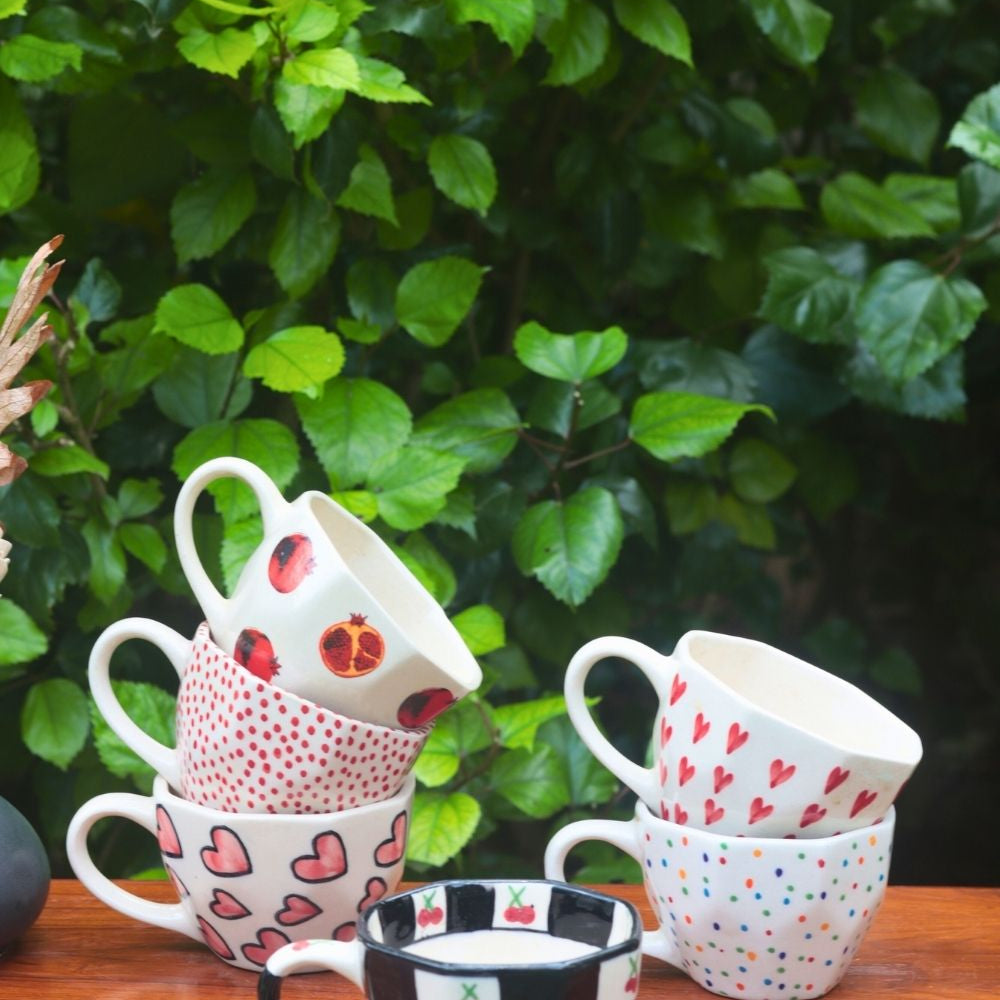 Set of 6 Heart & Polka Mugs (for the price of 5) with premium quality