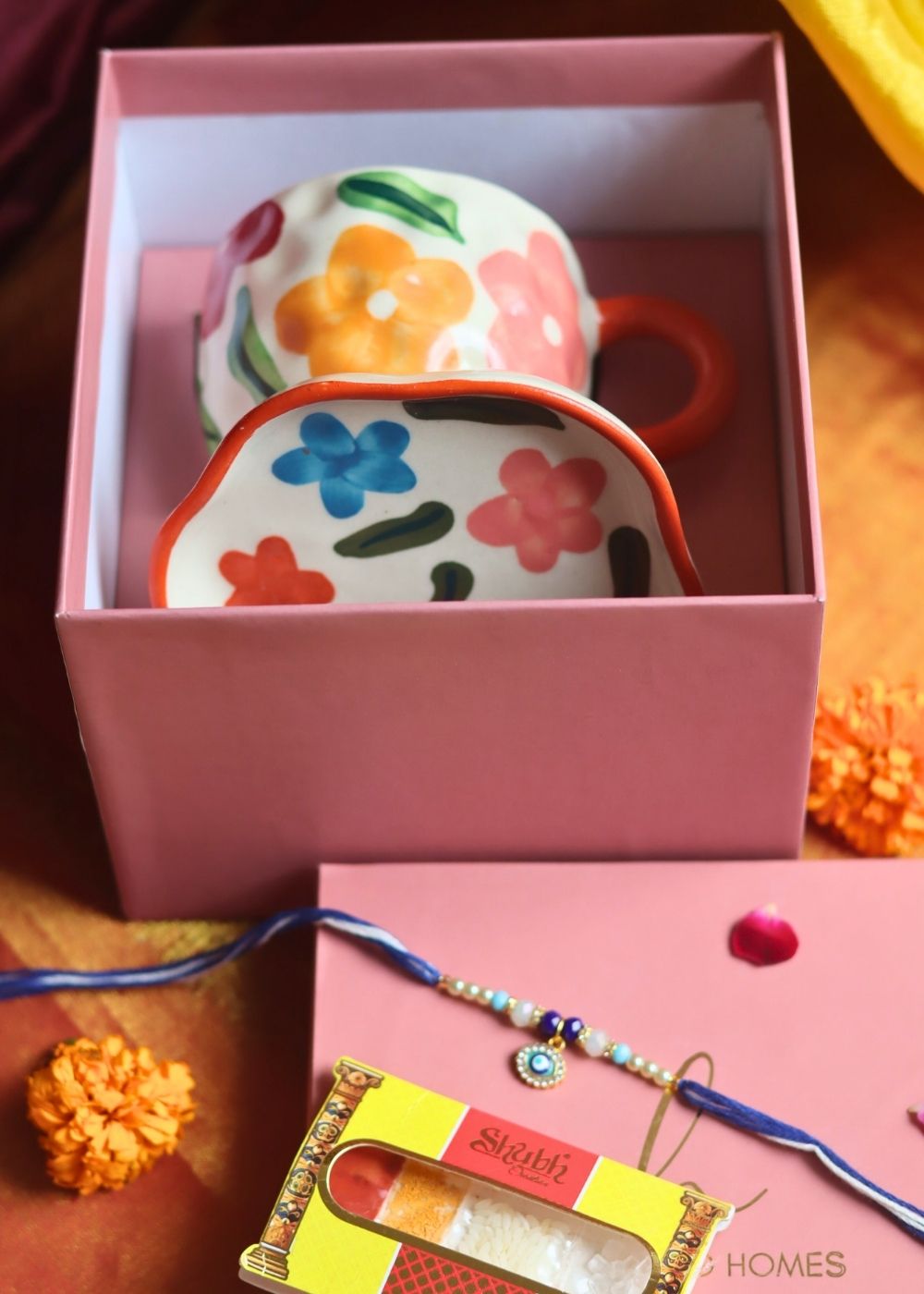 Brightday Mug & Brightday handmade Dessert Plate Rakhi Gift Box handmade in India