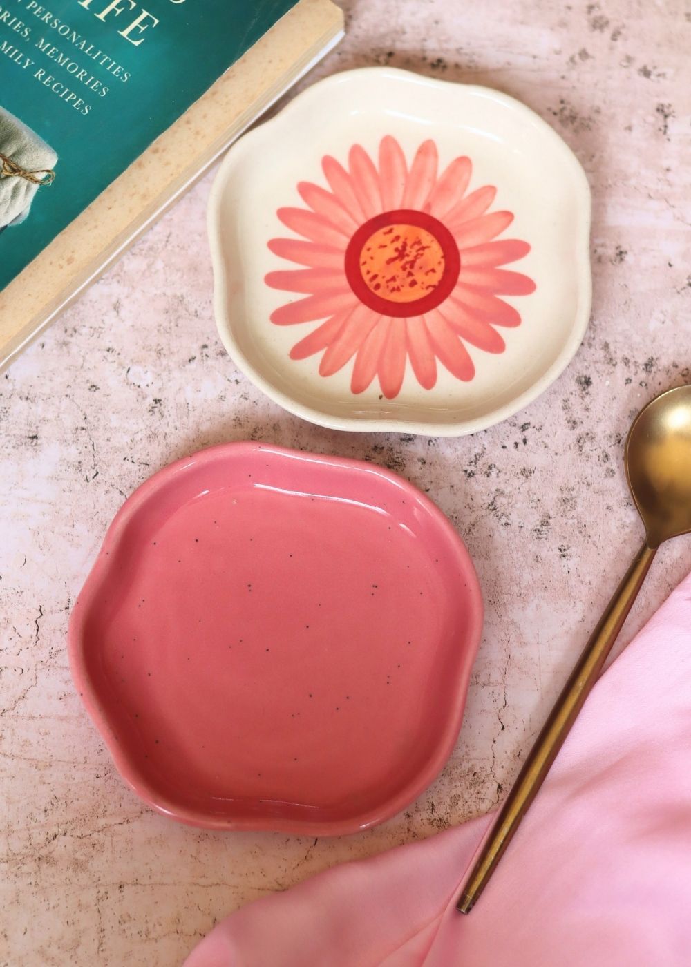 Salmon Pink & Flower Handmade Dessert Plate handmade in India
