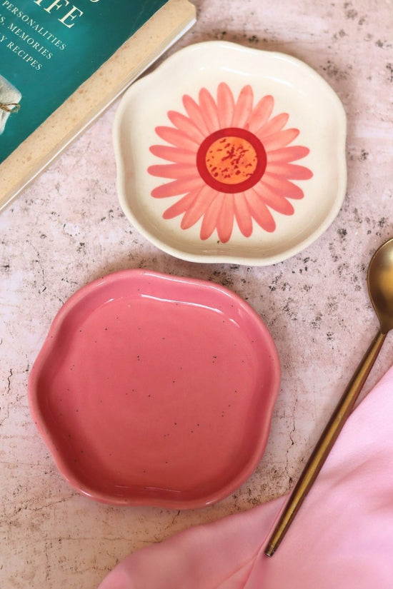 Salmon Pink & Flower Handmade Dessert Plate handmade in India