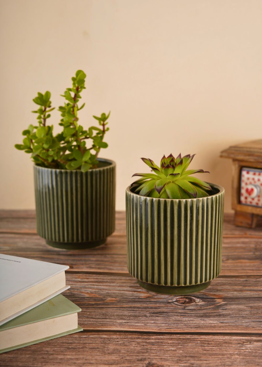 ribbed olive green planter handmade in india]