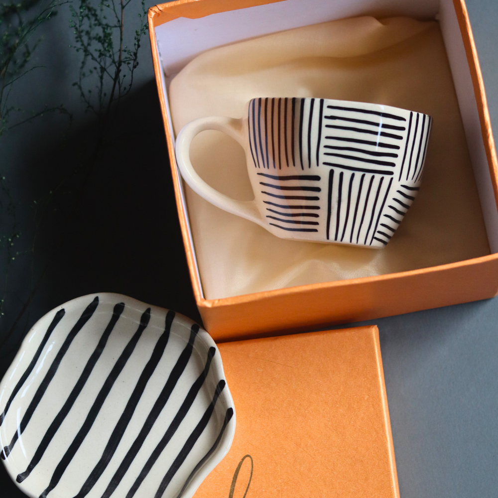 Handmade ceramic coffee mug & dessert plate with gift box