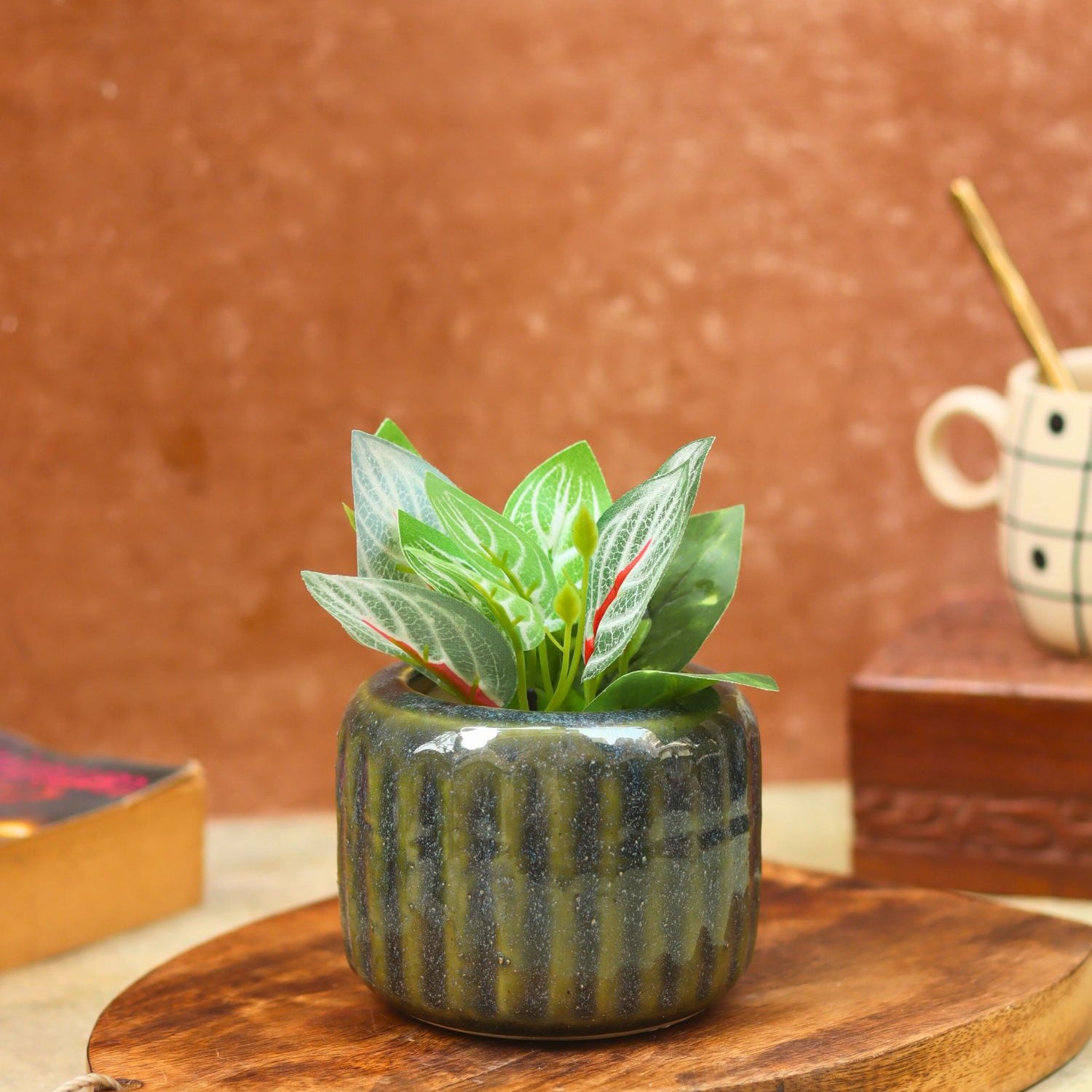 handmade Ribbed Green Planter - Small