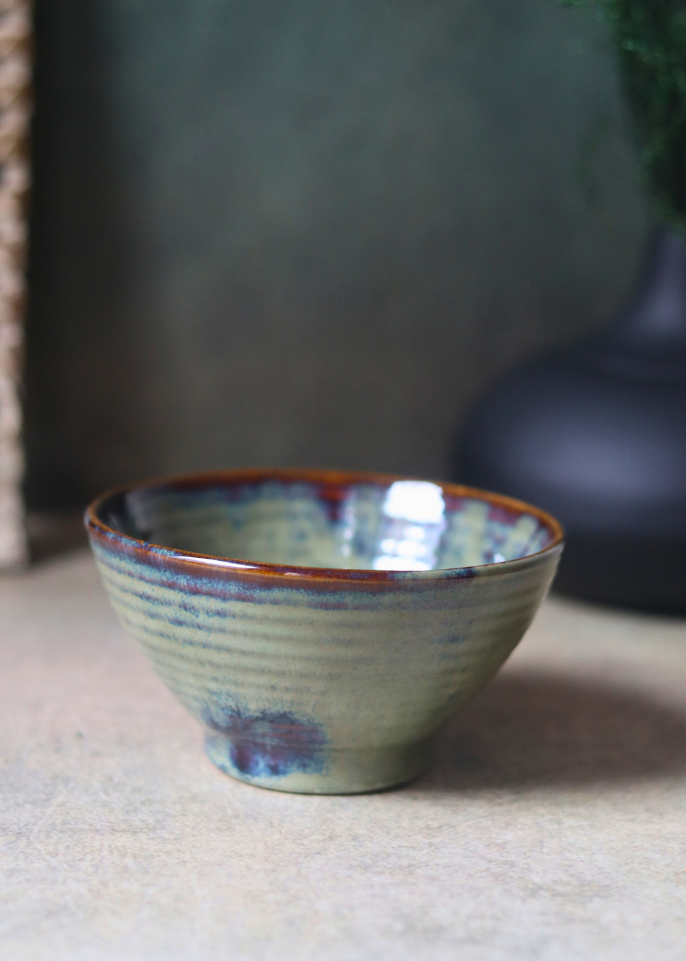 Olive conical ceramic curry bowl