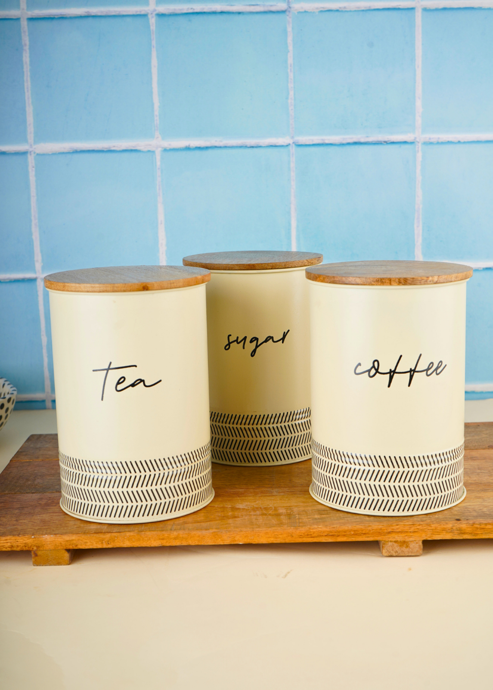 set of three jars with metal & wood material