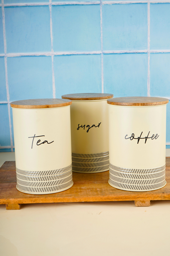 set of three jars with metal & wood material