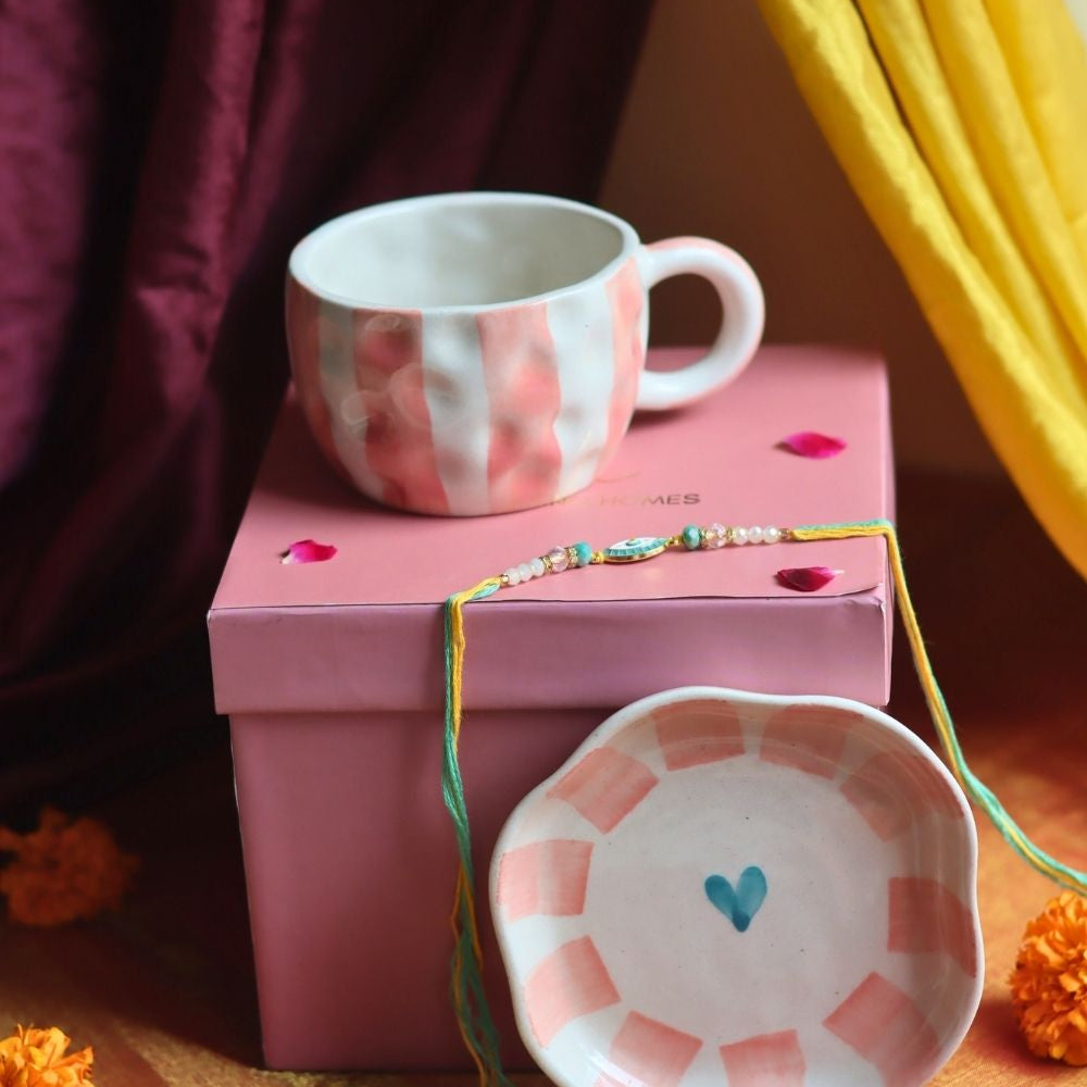 Handmade Striped Heart Mug & handmade Dessert Plate Rakhi Gift Box