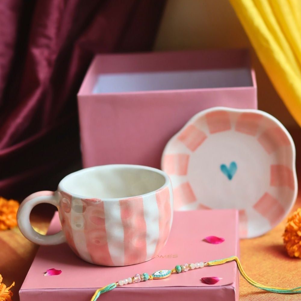 Striped Heart Mug & handmade Dessert Plate Rakhi Gift Box made by ceramic