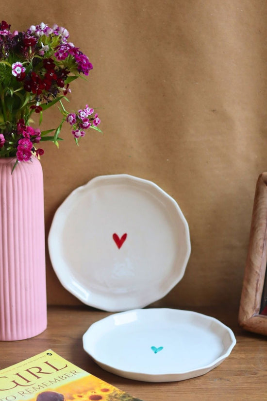 Red and Teal Heart Snack Plates 