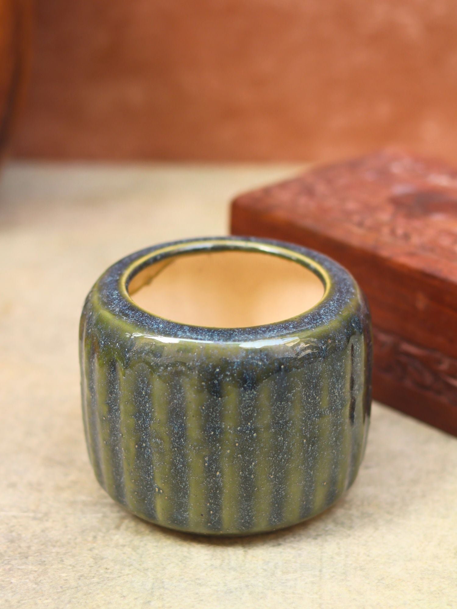 Ribbed Green Planter - Small handmade in Inida