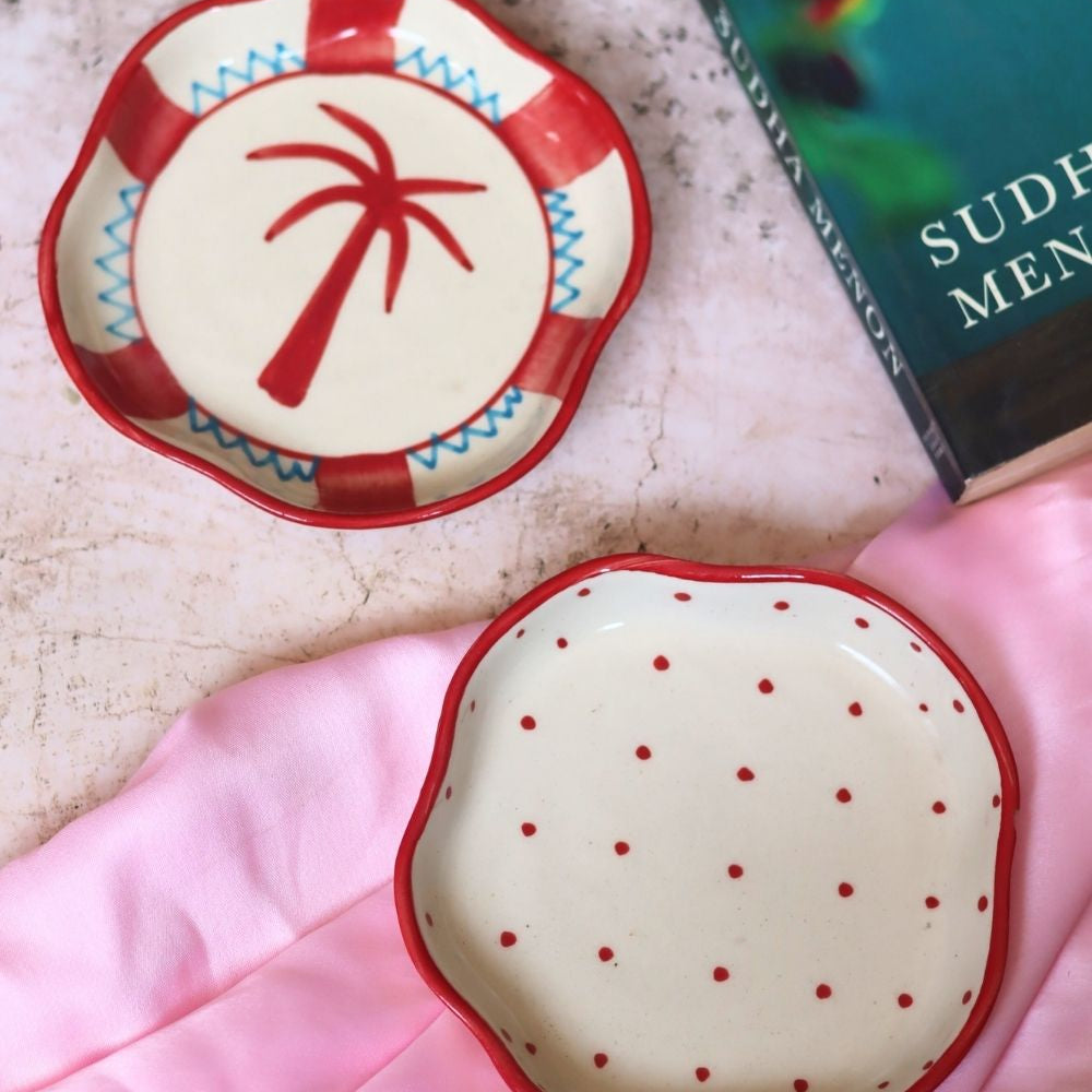 Handmade Palm & Red Polka Handmade dessert plate