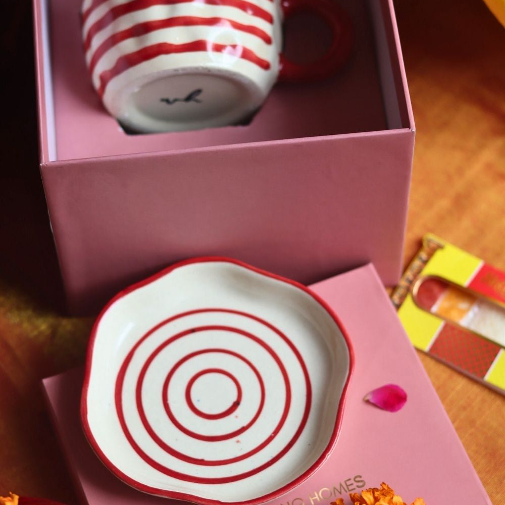 Handmade Red Lined Mug & handmade Dessert Plate Rakhi Gift Box