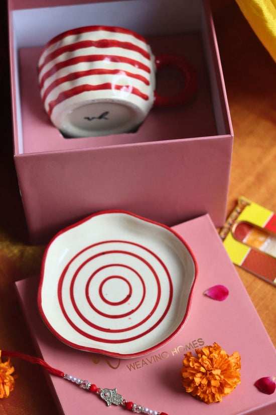 Handmade Red Lined Mug & handmade Dessert Plate Rakhi Gift Box