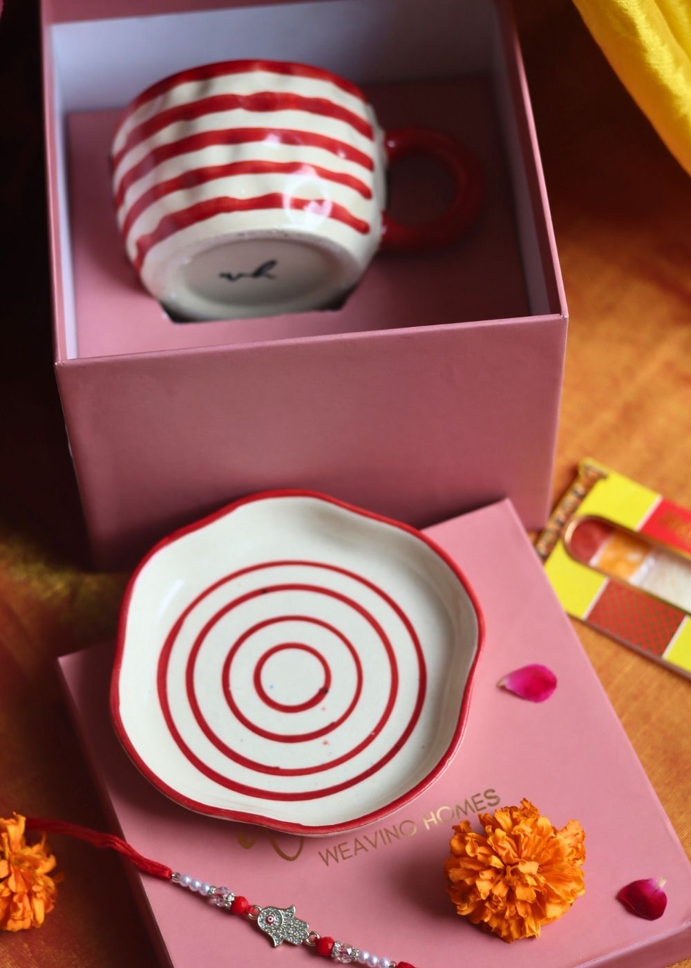 Handmade Red Lined Mug & handmade Dessert Plate Rakhi Gift Box