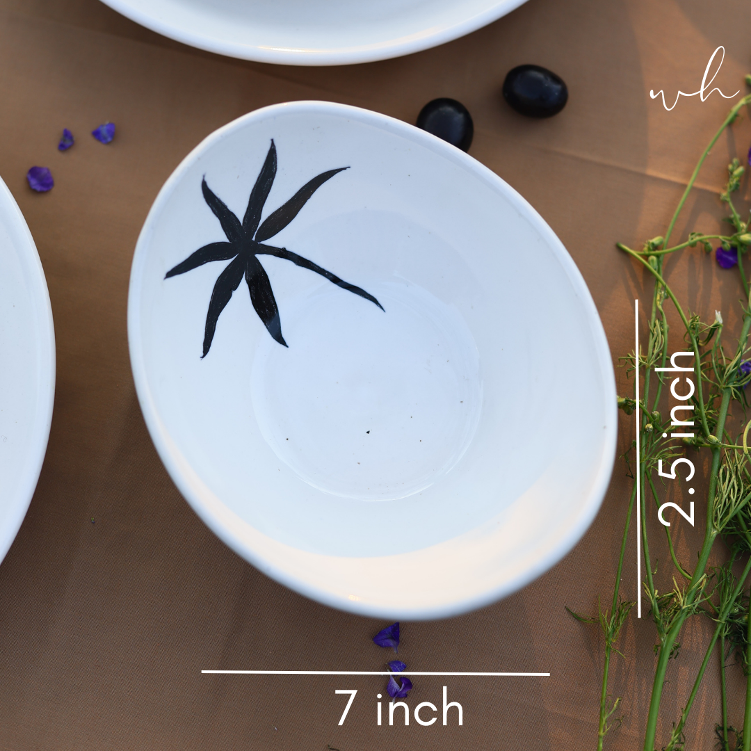 White & black leaf design bowl height & breadth