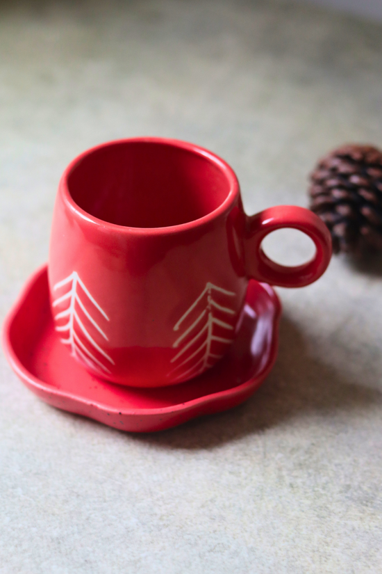 handmade red christmas tree mug & red dessert plate set of two combo