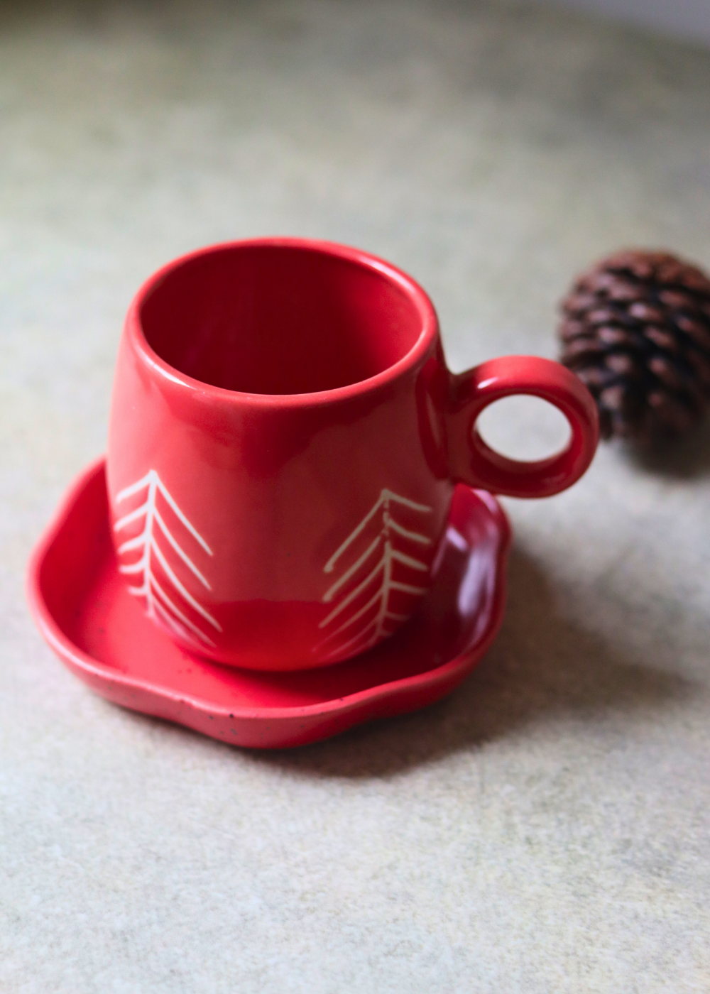 handmade red christmas tree mug & red dessert plate set of two combo