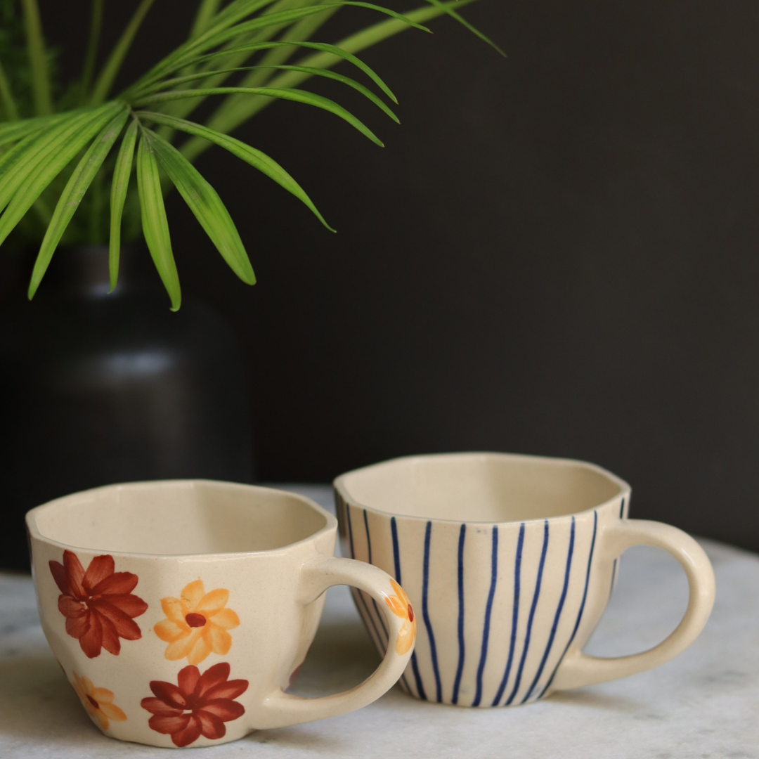 blue lined & flower mug set of two, combo, handmade mugs , made by ceramic