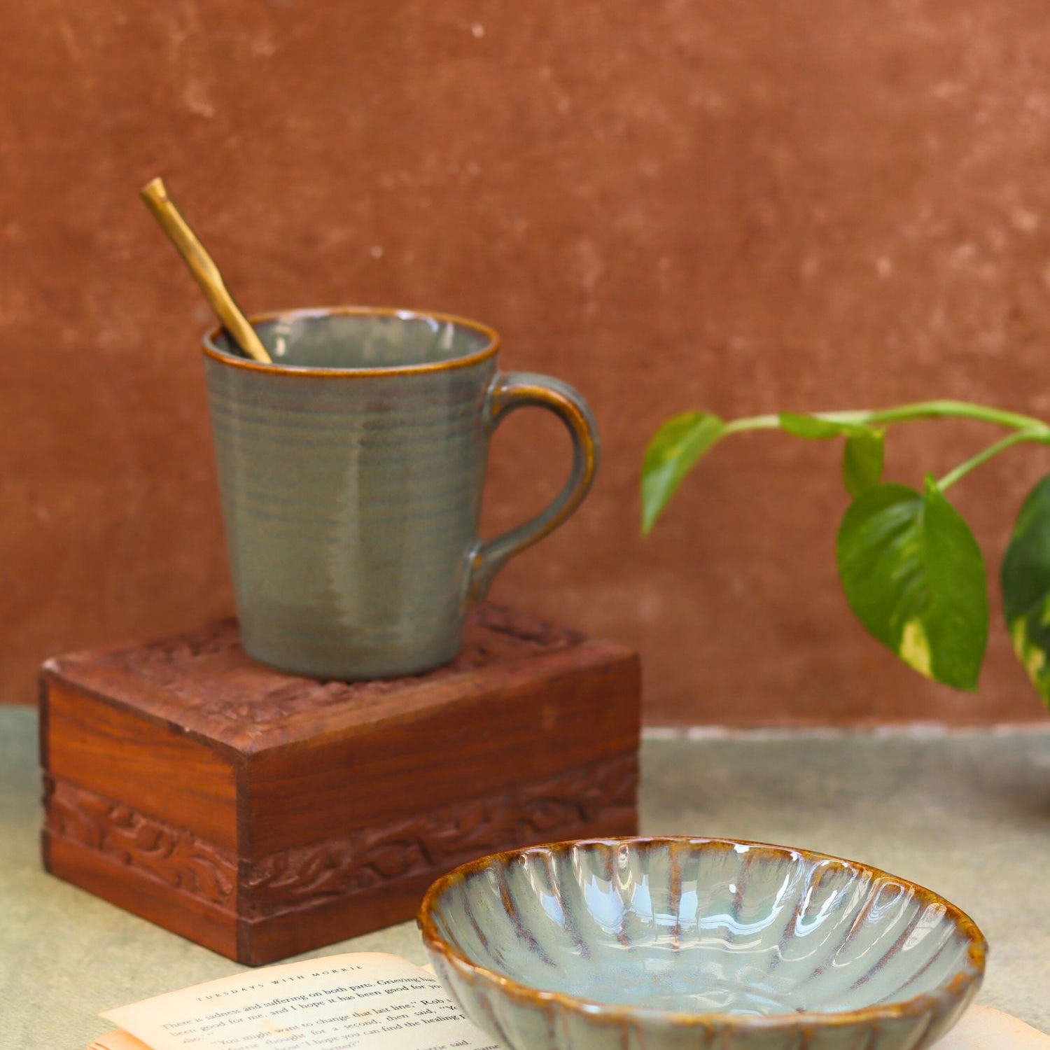 Set of 2 - Olive Coffee Mug & Green Blossom Bowl combo made by ceramic